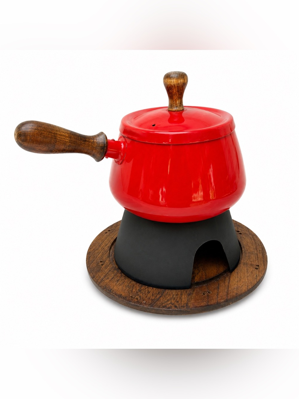 Vintage Japan Red Enamel Fondue Pot Serv Wood Hardwood Base MCM